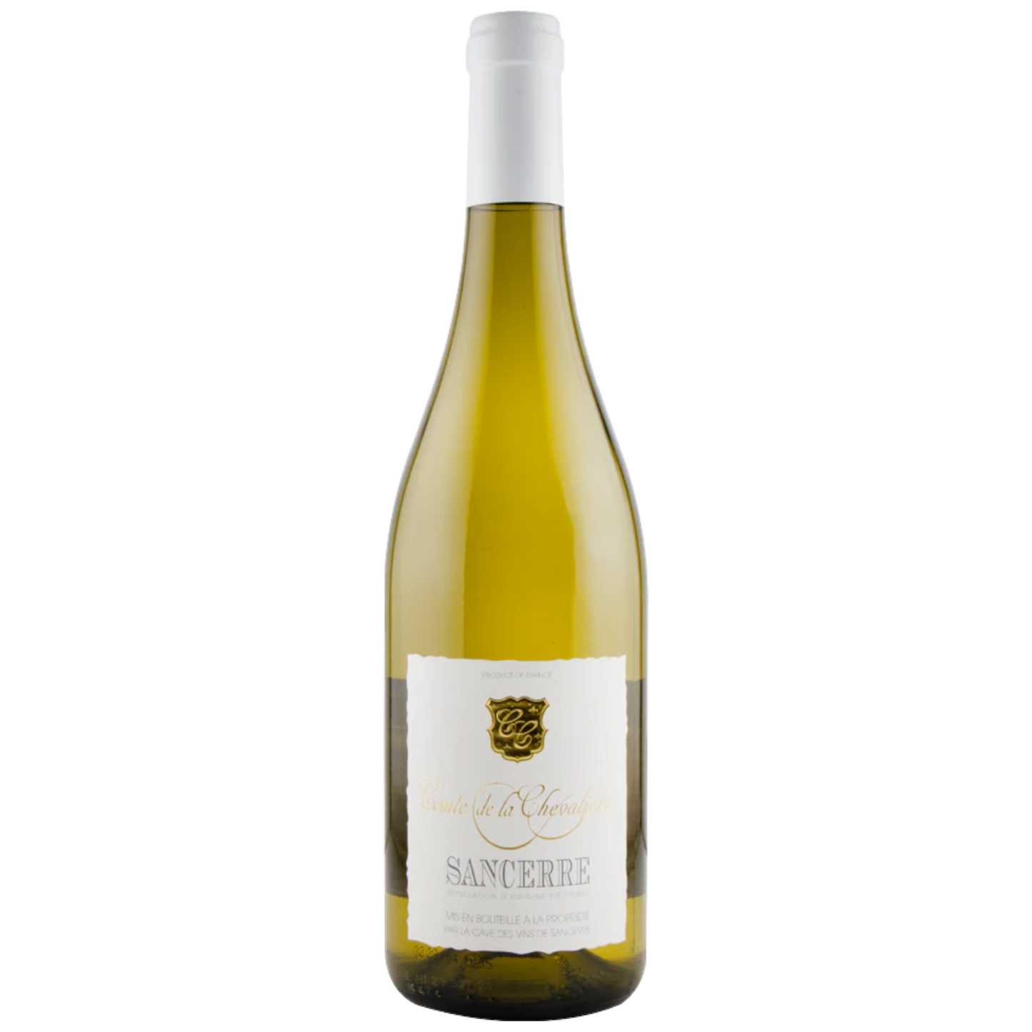 Stowe Public House & Bottle Shop Comte de la Chevaliere Sancerre white wine bottle with white cap and label.