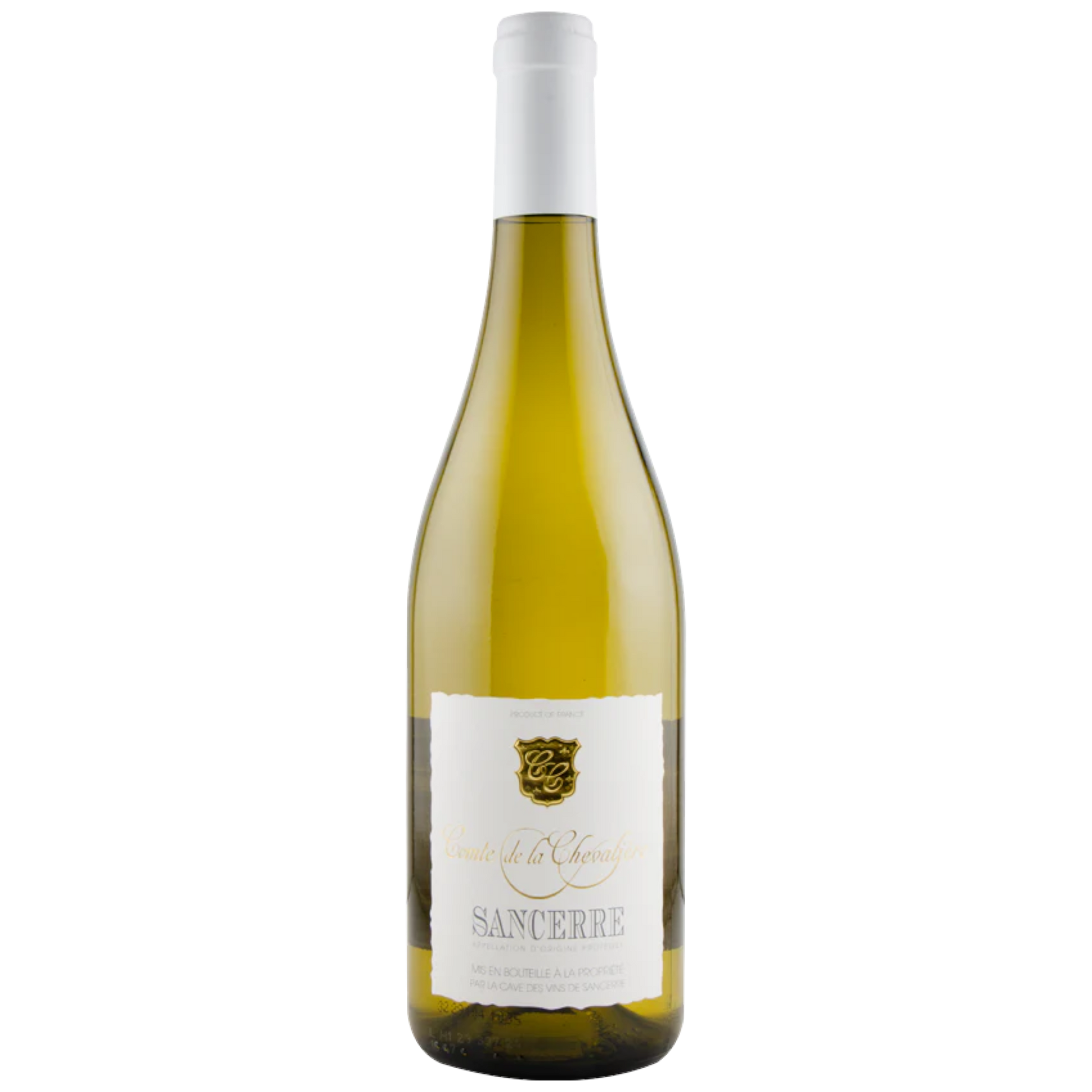 Stowe Public House & Bottle Shop Comte de la Chevaliere Sancerre white wine bottle with white cap and label.