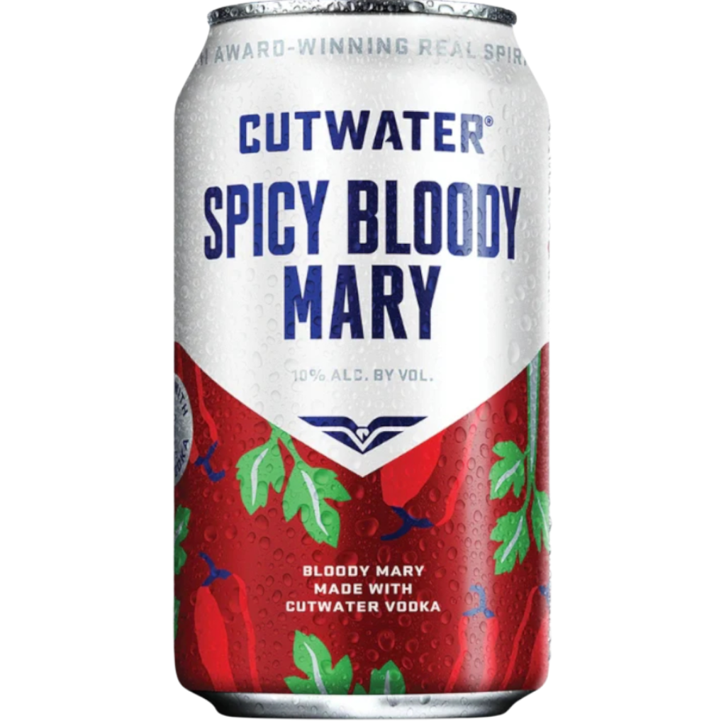 Stowe Public House & Bottle Shop Cutwater Spicy Bloody Mary canned cocktail with vodka, 10% ABV. Features red chili peppers and green herbs.