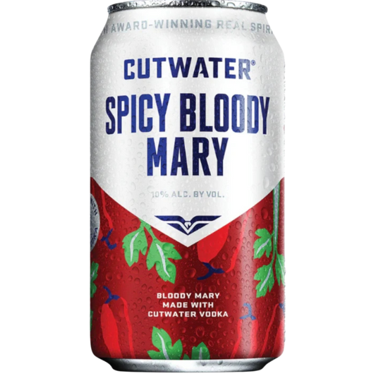 Stowe Public House & Bottle Shop Cutwater Spicy Bloody Mary canned cocktail with vodka, 10% ABV. Features red chili peppers and green herbs.