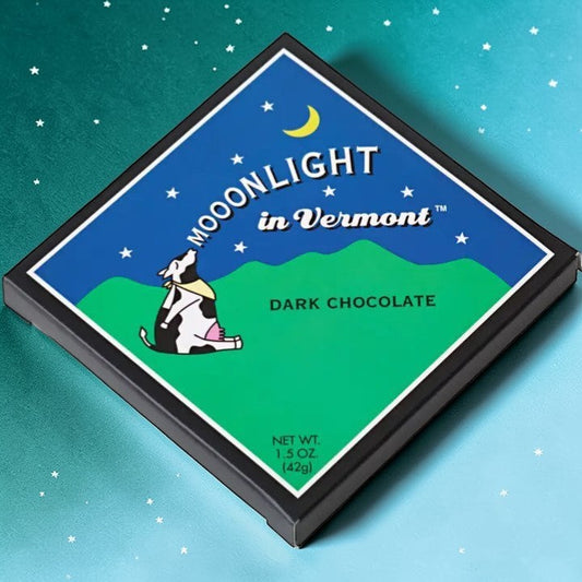 Stowe Public House & Bottle Shop Moonlight in Vermont dark chocolate bar with 58% cacao, featuring a cow illustration.