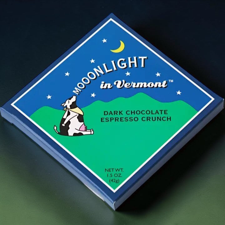 Stowe Public House & Bottle Shop Moonlight in Vermont Dark Chocolate Espresso Crunch bar with cow graphic.
