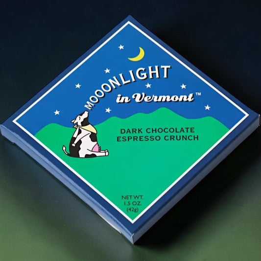 Stowe Public House & Bottle Shop Moonlight in Vermont Dark Chocolate Espresso Crunch bar with cow graphic.