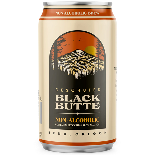 Stowe Public House & Bottle Shop Deschutes Black Butte Non-Alcoholic Brew can with mountain sunset graphic.