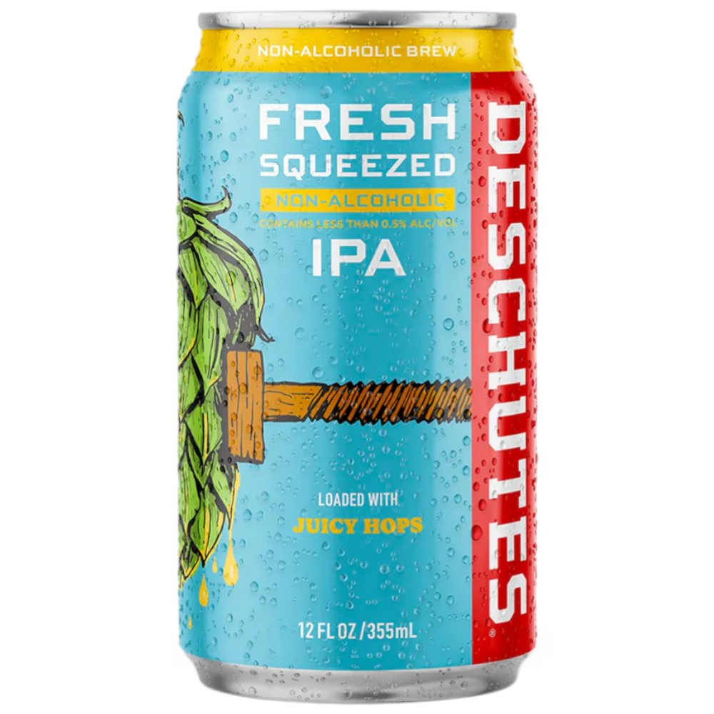Stowe Public House & Bottle Shop Deschutes Fresh Squeezed Non-Alcoholic IPA can with hops and a press.