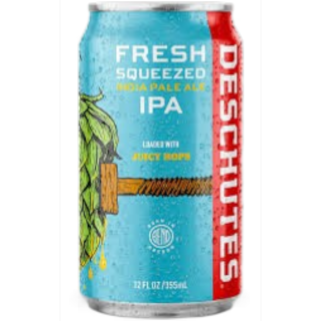 Stowe Public House & Bottle Shop Deschutes Fresh Squeezed IPA can with hops graphic and blue, red design.