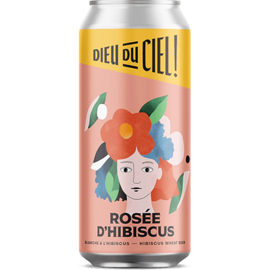 Stowe Public House & Bottle Shop Dieu du Ciel! Rosée d’Hibiscus wheat beer can with floral design and pink grapefruit notes.