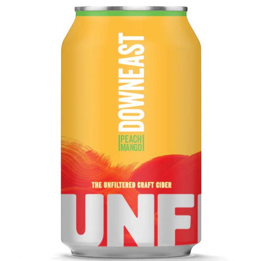 Stowe Public House & Bottle Shop Downeast Peach Mango unfiltered craft cider can. Yellow can with green and red accents.