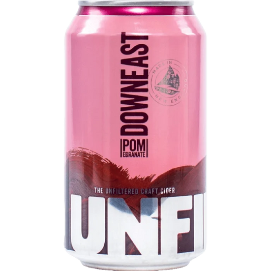 Stowe Public House & Bottle Shop Downeast Pomegranate Unfiltered Craft Cider can. Pink can with dark red brushstroke design.