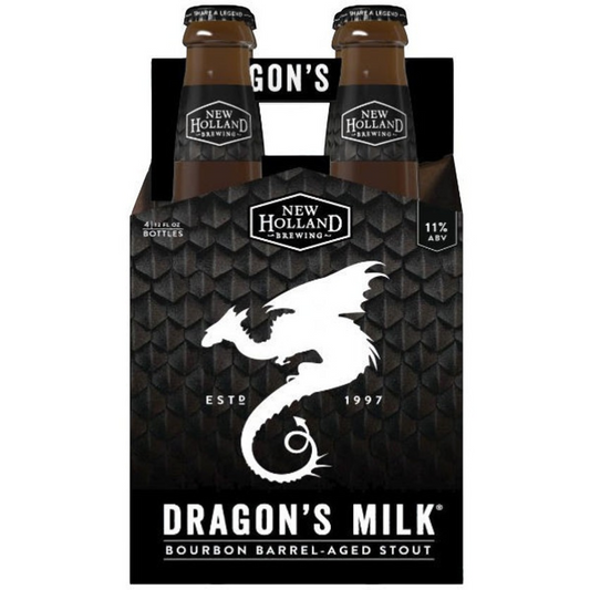 Stowe Public House & Bottle Shop: New Holland Brewing Dragon's Milk Imperial Stout, 4-pack of 12oz bottles, bourbon barrel-aged stout with roasted malt, coffee, chocolate, vanilla, and oak notes.
