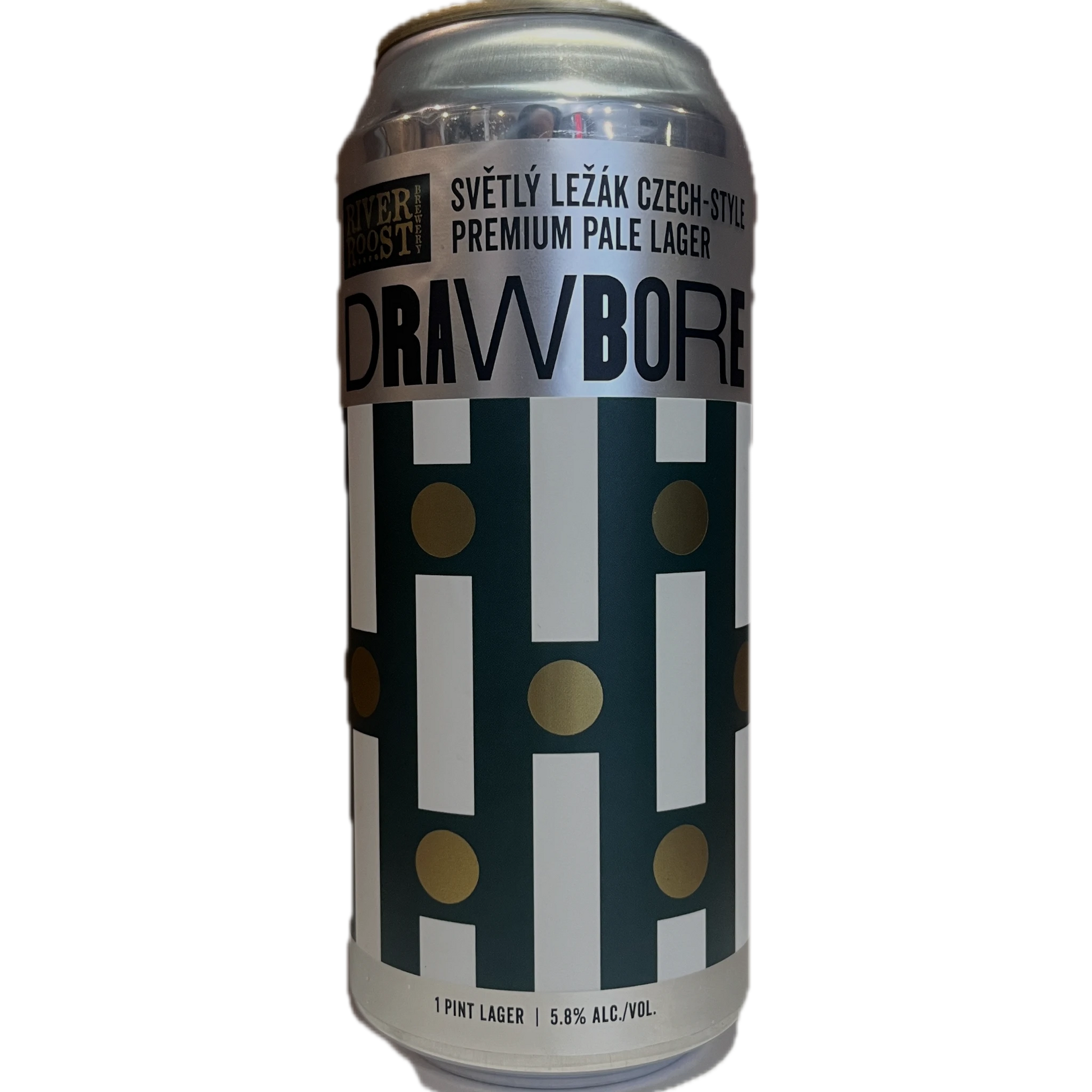Stowe Public House & Bottle Shop's Drawbore Lager, a Czech-style premium pale lager in a can with a white, dark green, and gold geometric pattern.