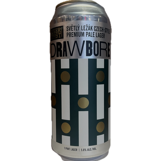 Stowe Public House & Bottle Shop's Drawbore Lager, a Czech-style premium pale lager in a can with a white, dark green, and gold geometric pattern.