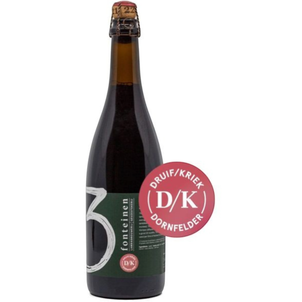 Stowe Public House & Bottle Shop: Drie Fonteinen Druif Dornfelder/Kriek Belgian lambic beer bottle with red label and corked top.