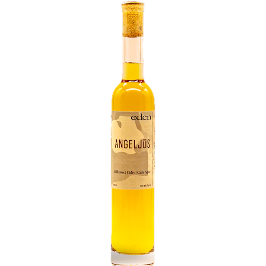 Stowe Public House & Bottle Shop Eden Ciders Angeljus, a sweet dessert cider aged in a rye whiskey barrel. Deep, spicy, silky, and yellow.