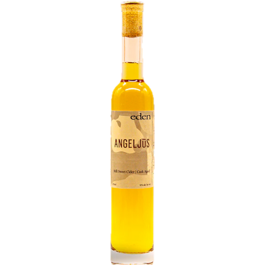 Stowe Public House & Bottle Shop Eden Ciders Angeljus, a sweet dessert cider aged in a rye whiskey barrel. Deep, spicy, silky, and yellow.