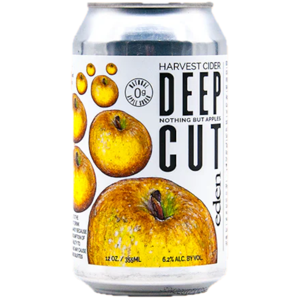 Stowe Public House & Bottle Shop Eden Ciders Deep Cut, a dry, hazy, full-bodied cider with 6.2% ABV, featuring illustrations of golden apples.