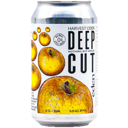 Stowe Public House & Bottle Shop Eden Ciders Deep Cut, a dry, hazy, full-bodied cider with 6.2% ABV, featuring illustrations of golden apples.