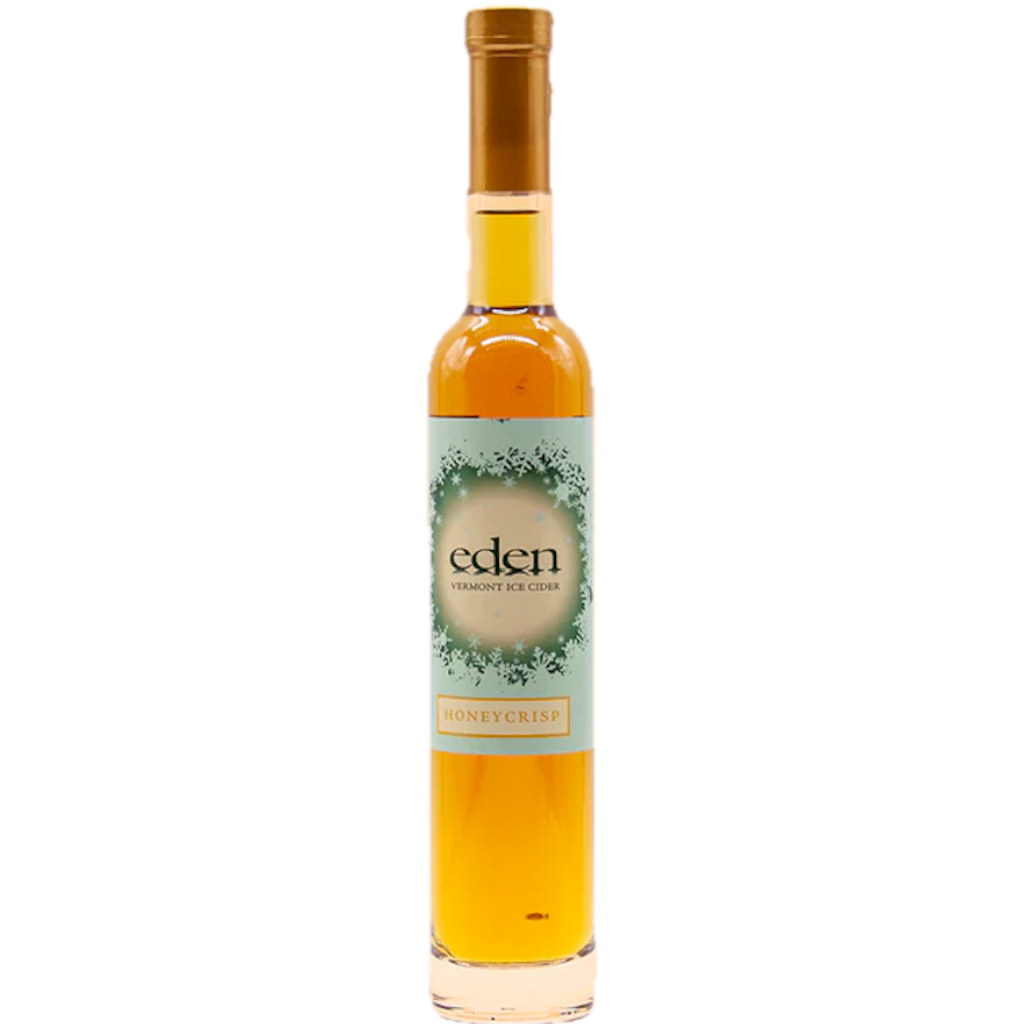 Stowe Public House & Bottle Shop Eden Honeycrisp Vermont Ice Cider, golden amber liquid in a clear bottle with a light green label.