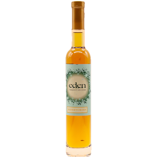 Stowe Public House & Bottle Shop Eden Honeycrisp Vermont Ice Cider, golden amber liquid in a clear bottle with a light green label.