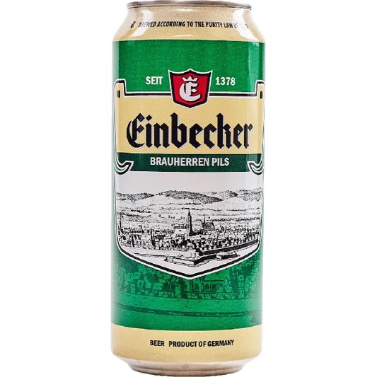 Stowe Public House & Bottle Shop: Einbecker Brauherren Pils beer can. Green and gold can with historical town illustration.