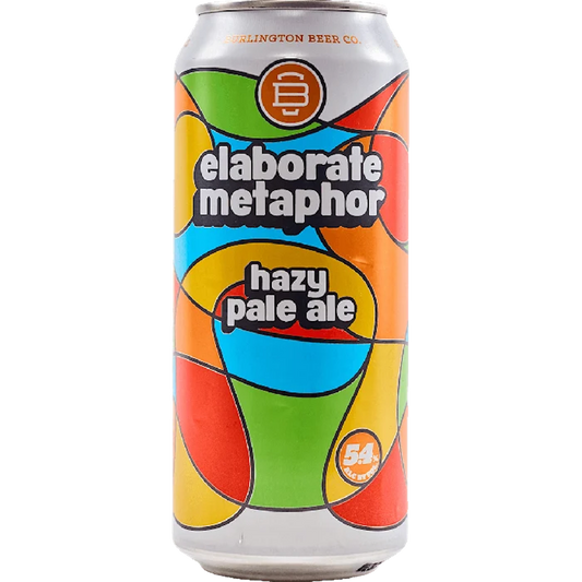 Stowe Public House & Bottle Shop Elaborate Metaphor Hazy Pale Ale can with colorful abstract design. Flavors of citrus, passion fruit, melon, and wildflowers.