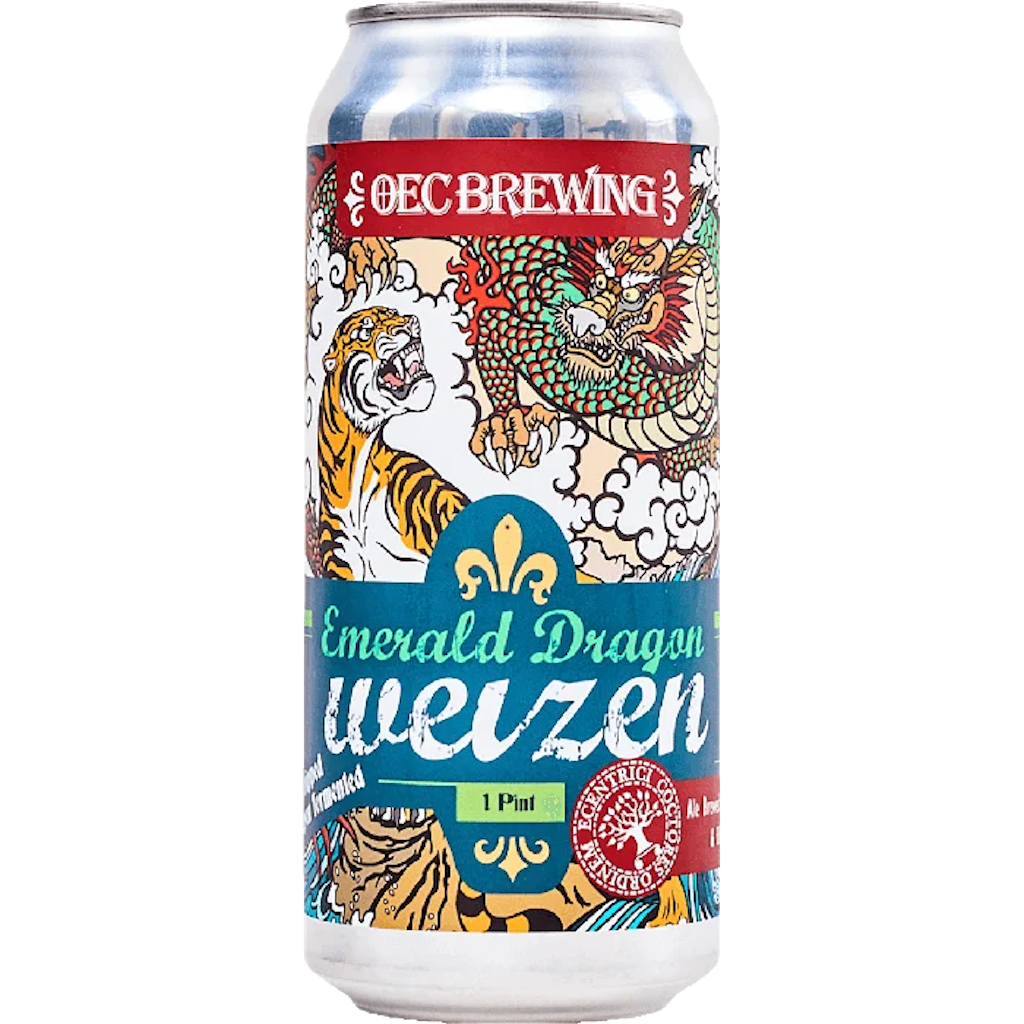 Stowe Public House & Bottle Shop Emerald Dragon Weizen beer can with tiger and dragon art. Wheat beer with Asian spice notes.