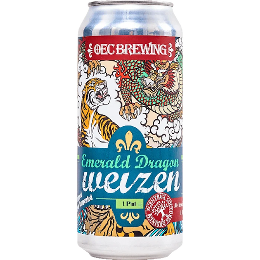 Stowe Public House & Bottle Shop Emerald Dragon Weizen beer can with tiger and dragon art. Wheat beer with Asian spice notes.