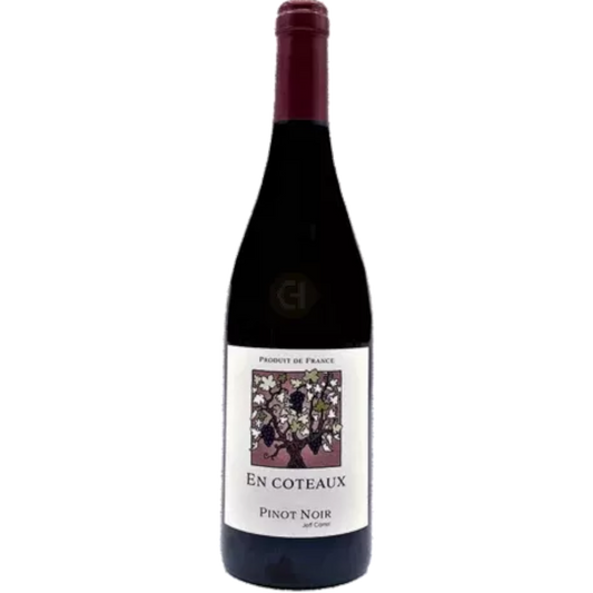 Stowe Public House & Bottle Shop Carrel Coteaux Pinot Noir wine bottle. Ruby-colored, organic, naturally fermented, no sulfites added.