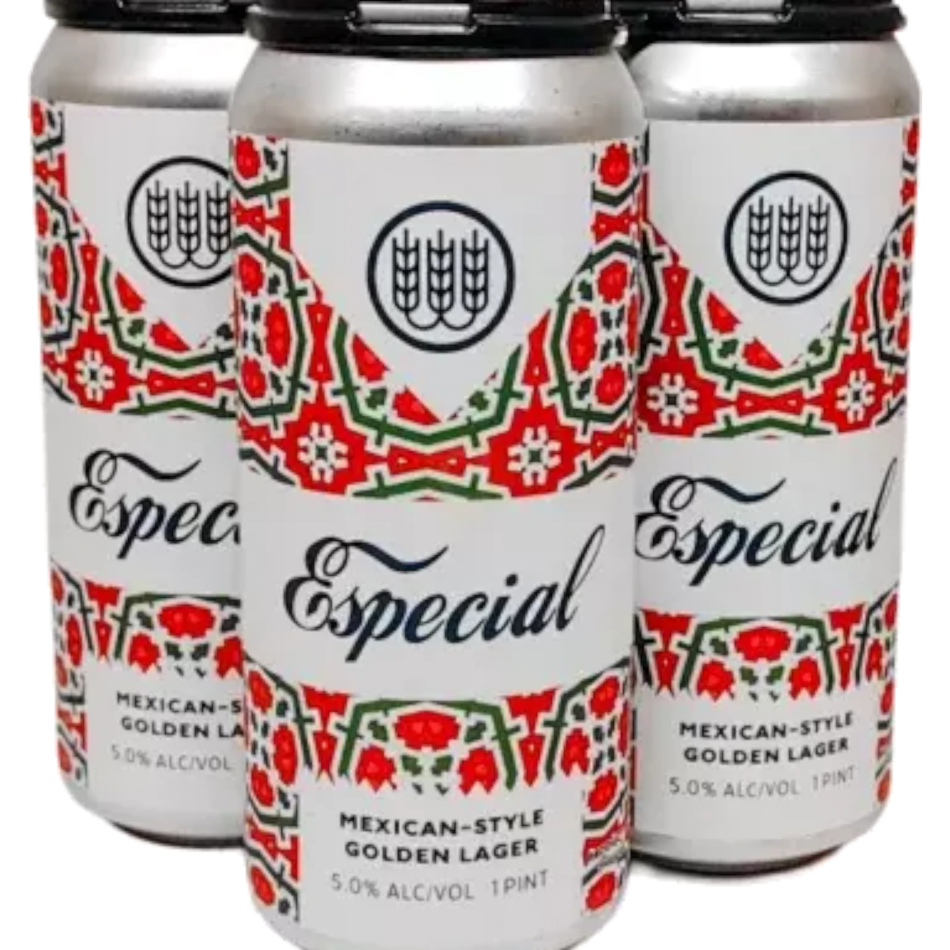 Stowe Public House & Bottle Shop Especial Mexican-Style Golden Lager cans with red and green geometric pattern.