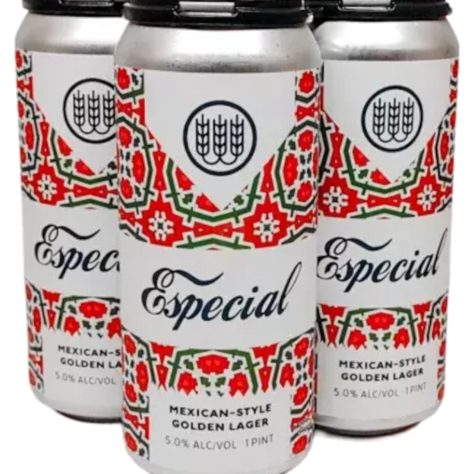 Stowe Public House & Bottle Shop Especial Mexican-Style Golden Lager cans with red and green geometric pattern.