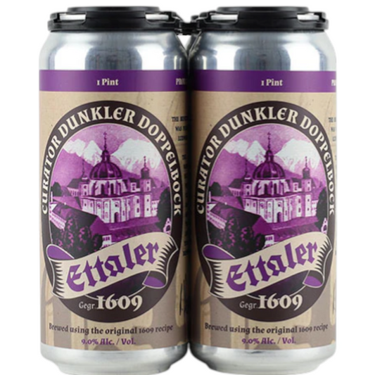 Stowe Public House & Bottle Shop: Ettaler Curator Doppelbock beer can with purple label featuring a monastery and mountains. Brewed using original 1609 recipe, 9.0% Alc./Vol.