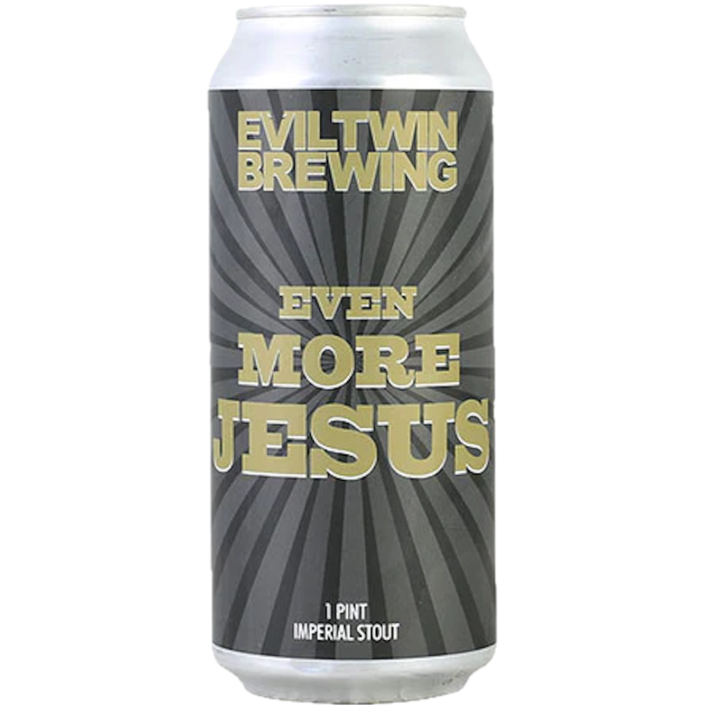 Stowe Public House & Bottle Shop Evil Twin Brewing Even More Jesus imperial stout beer can. Black can with gold text and grey sunburst pattern.