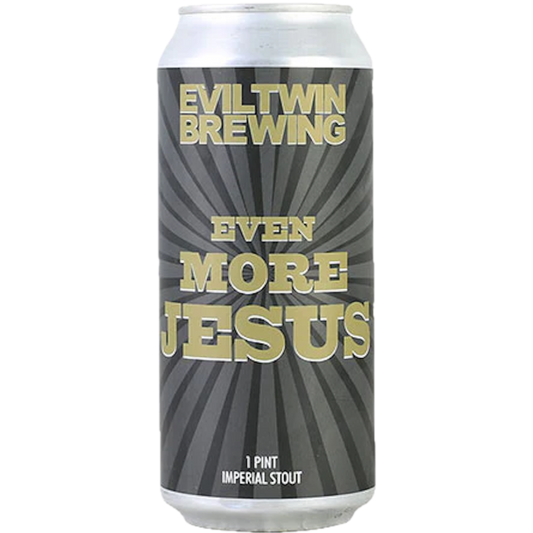 Stowe Public House & Bottle Shop Evil Twin Brewing Even More Jesus imperial stout beer can. Black can with gold text and grey sunburst pattern.