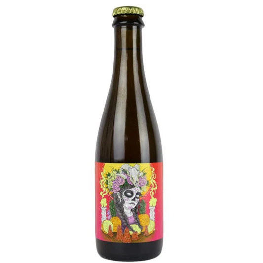 Stowe Public House Fandango wild ale bottle with pineapple and cinnamon. Features a Day of the Dead inspired label art.