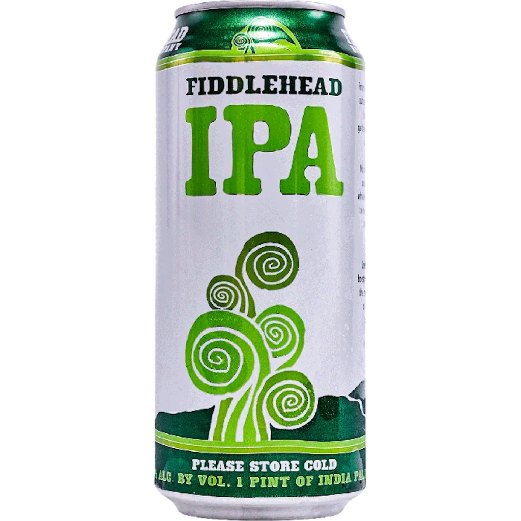 Stowe Public House & Bottle Shop Fiddlehead IPA can. White can with green text and fiddlehead fern graphic. Citrusy and Dank.