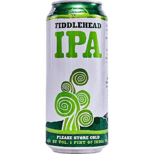 Stowe Public House & Bottle Shop Fiddlehead IPA can. White can with green text and fiddlehead fern graphic. Citrusy and Dank.