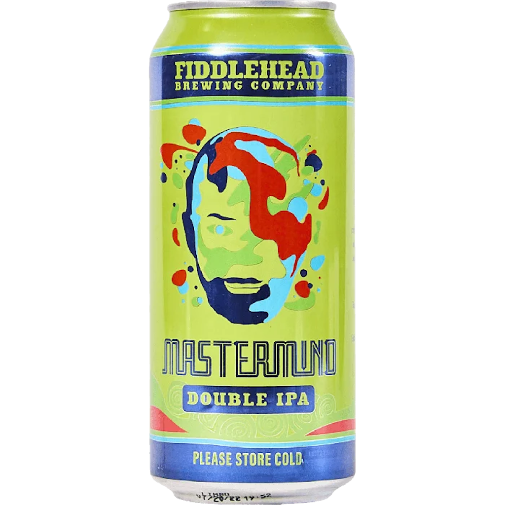 Stowe Public House & Bottle Shop Fiddlehead Mastermind Double IPA can with tropical fruit notes. Straw colored with a hazy glow.