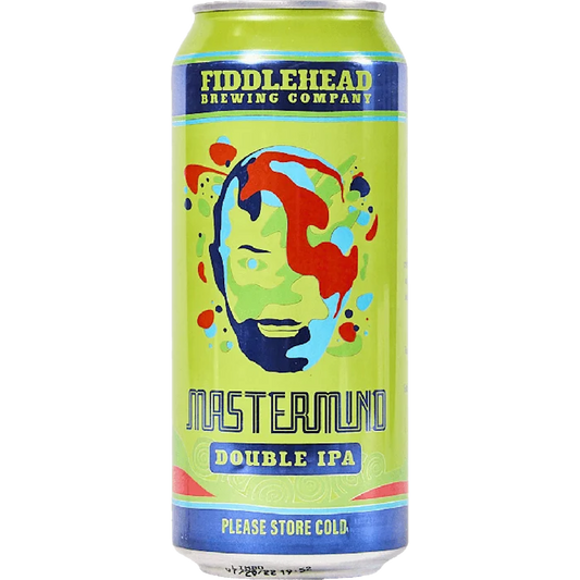 Stowe Public House & Bottle Shop Fiddlehead Mastermind Double IPA can with tropical fruit notes. Straw colored with a hazy glow.