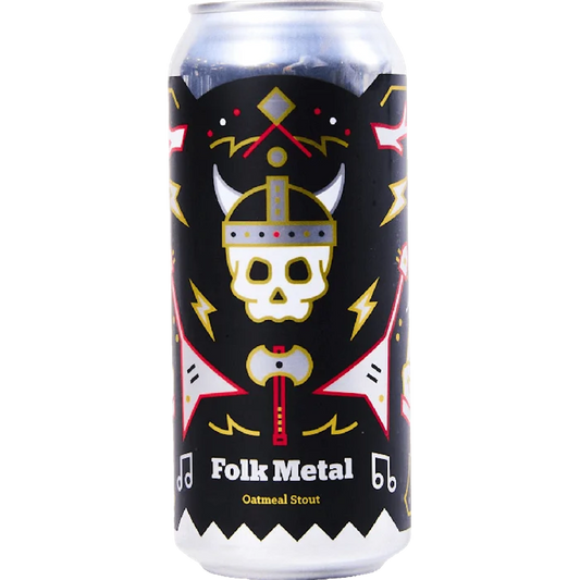 Stowe Public House Folk Metal Oatmeal Stout can with skull, Viking helmet, axe, and guitars.