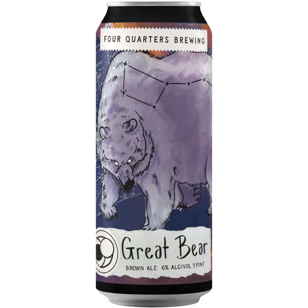 Stowe Public House & Bottle Four Quarters Great Bear brown ale can with a purple bear illustration and constellation design.