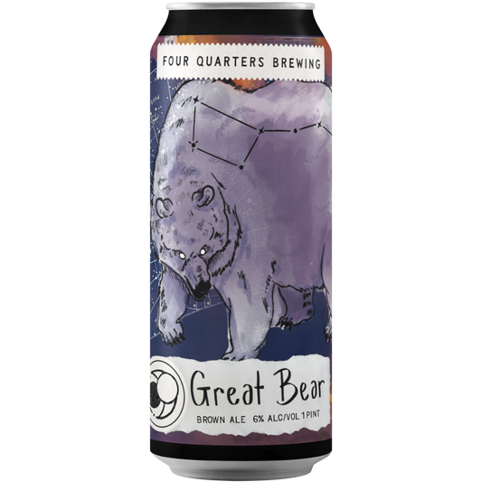 Stowe Public House & Bottle Four Quarters Great Bear brown ale can with a purple bear illustration and constellation design.
