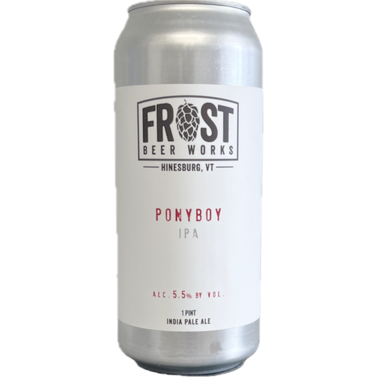 Stowe Public House & Bottle Shop Frost Beer Works Ponyboy IPA, 5.5% ABV, 1 pint can. India Pale Ale with Citra and Mosaic hops.