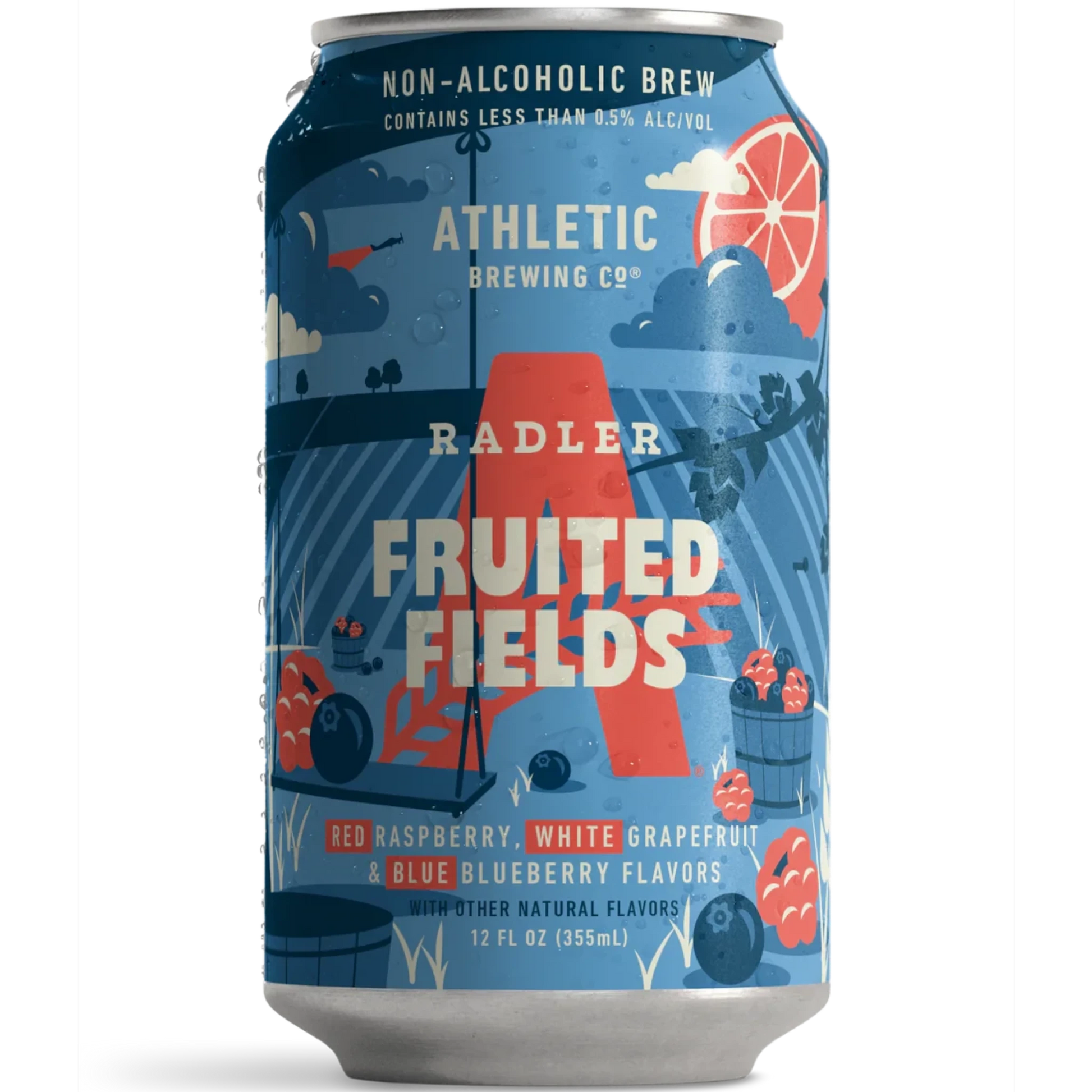 Stowe Public House & Bottle Shop: Athletic Brewing Co. Fruited Fields Radler can with red raspberry, white grapefruit, and blue blueberry flavors.