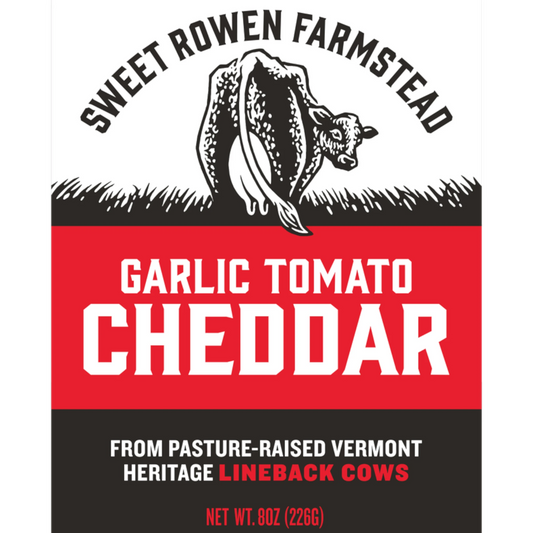 Sweet Rowen Farmstead Garlic Tomato Cheddar cheese label with a cow illustration. From Stowe Public House & Bottle Shop.