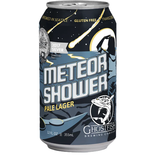 Stowe Public House & Bottle Shop Ghostfish Brewing Co. Meteor Shower Pale Lager can. Gluten-free beer with a smooth, mellow lager taste and noble hop spice.