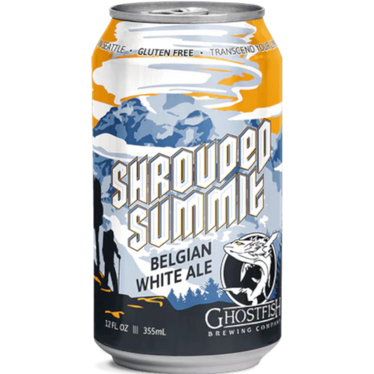 Stowe Public House Ghostfish Brewing Co. Shrouded Summit Belgian White Ale - Gluten Free can. Hazy golden body, snowy head, juniper and citrus notes.