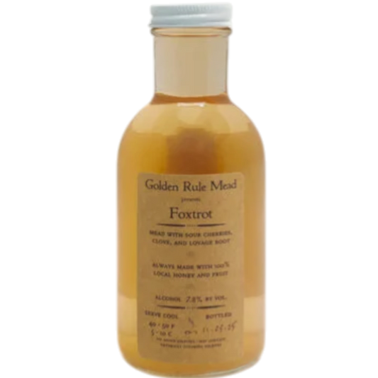 Stowe Public House & Bottle Shop Golden Rule Mead Foxtrot, a honey wine with sour cherries, clove, and lovage root. 7.8% ABV.