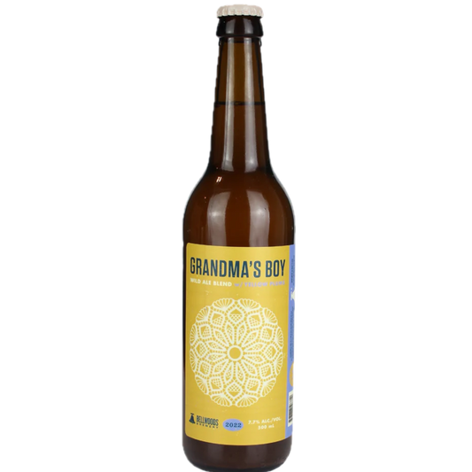 Stowe Public House & Bottle Shop: Bellwoods Brewery Grandma's Boy Yellow Plum Wild Ale bottle. Yellow label with intricate white design.