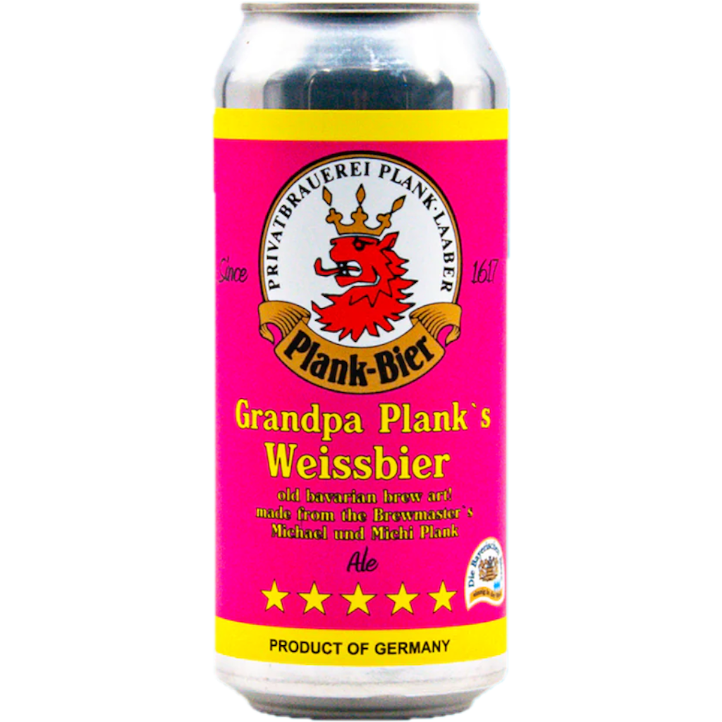 Stowe Public House & Bottle Shop Grandpa Plank's Weissbier can. Pink label with yellow accents and a red dragon crest.