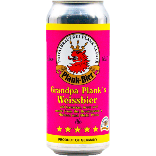 Stowe Public House & Bottle Shop Grandpa Plank's Weissbier can. Pink label with yellow accents and a red dragon crest.